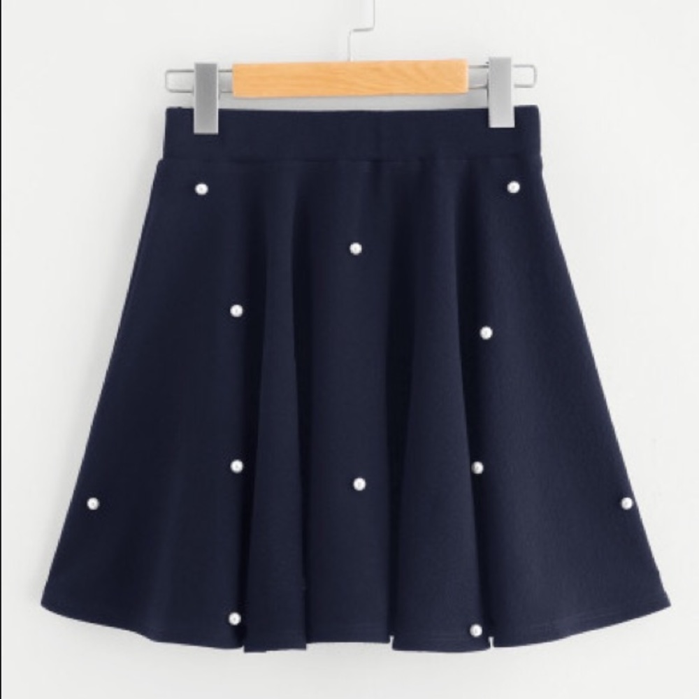 Navy Blue Embellished Pearl Skater Skirt